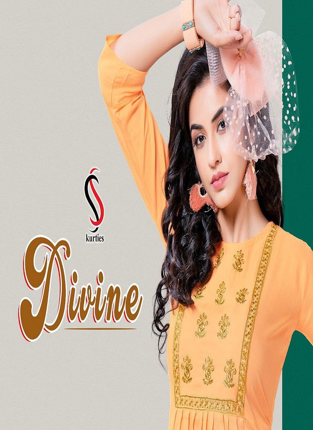 Ss Kurtis Divine  Embroidery Florida Latest Fancy Designer Heavy Casual Wear Rayon Wester Stylish Ladies Top Collection